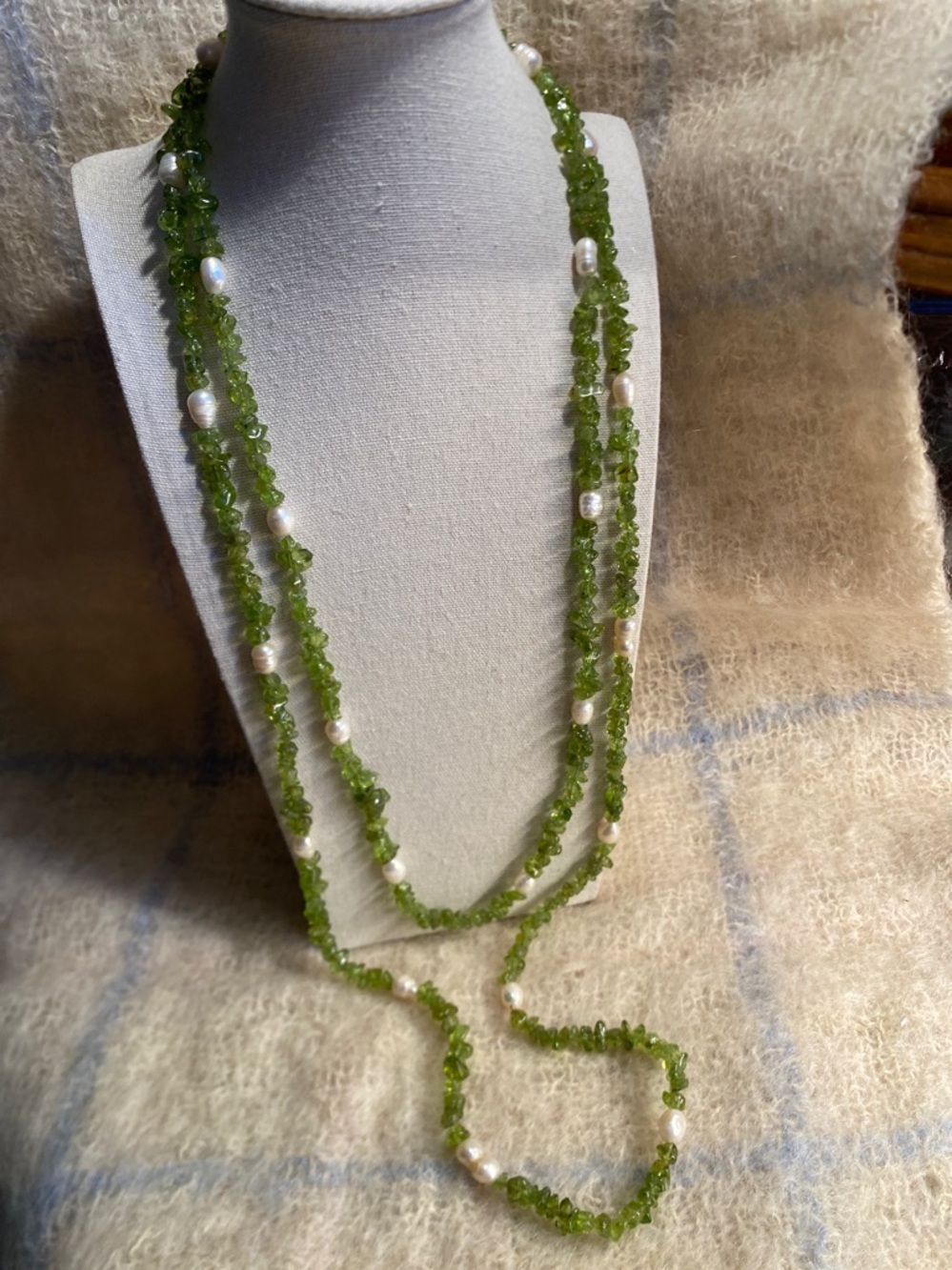 Peridot Chip & Freshwater Pearl Necklace 64” Long Strand Endless Layering Boho